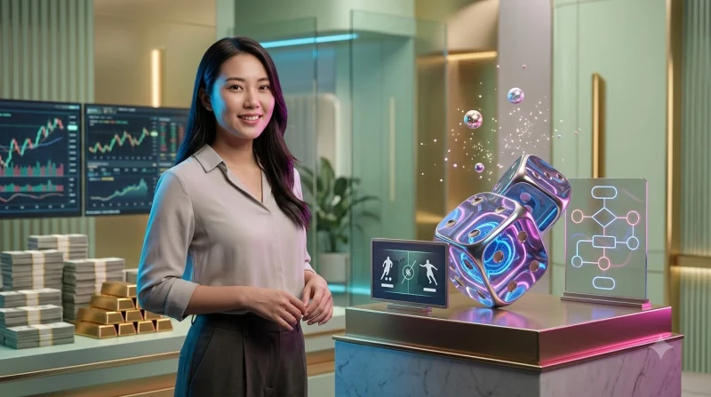 Ba viên xúc xắc phát sáng tung lên trên bề mặt phản chiếu ánh neon