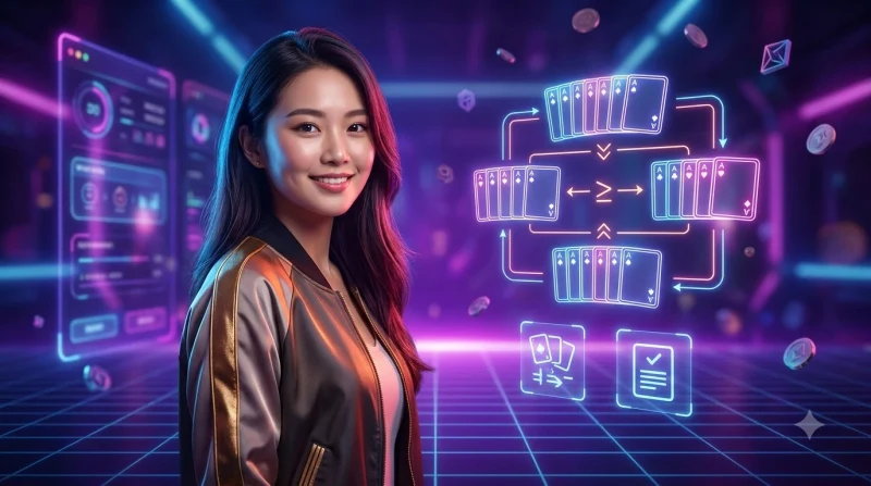 Bàn tay xếp bài Mậu Binh trên bàn chơi hiện đại, minh họa cách chơi từng bước tại F8BET