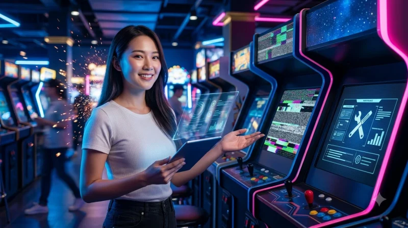 Các lỗi game arcade thường gặp được minh họa bằng biểu tượng mất kết nối, tải chậm và lỗi hệ thống