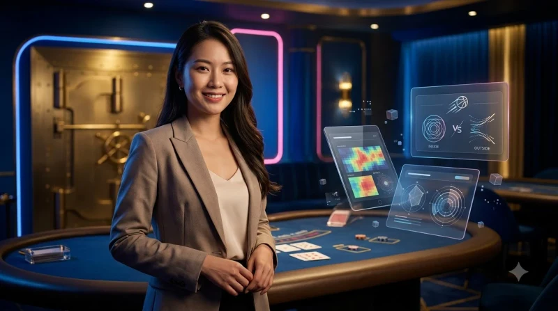 Góc nhìn từ trên xuống bàn cược roulette với chip chia thành nhóm cược trong và cược ngoài