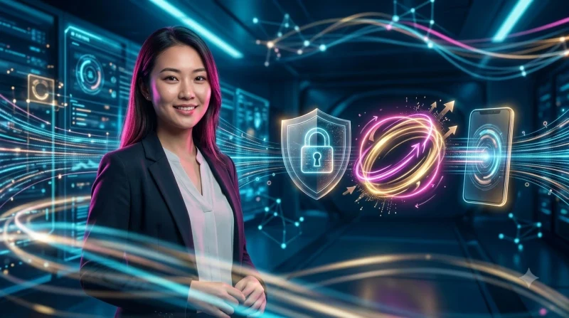 Hình ảnh biểu tượng chiếc khiên phát sáng bao quanh bởi các hạt dữ liệu ánh vàng