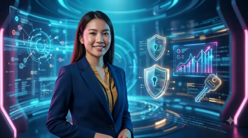 Hình ảnh cận cảnh smartphone hiển thị giao diện dữ liệu phát sáng trên nền tối