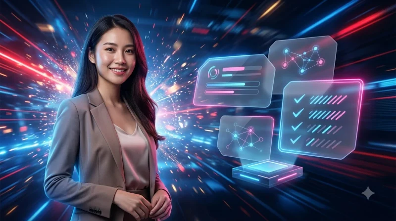 Minh họa checklist điều kiện tham gia khuyến mãi với ô vuông phát sáng và biểu tượng xác minh hologram