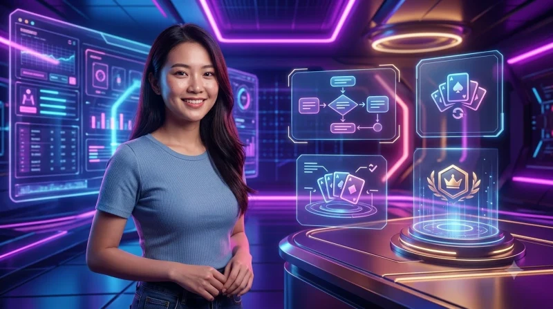 Minh họa luật chơi tiến lên nền tảng trực tuyến với cuốn sách phát sáng và biểu tượng bài trừu tượng