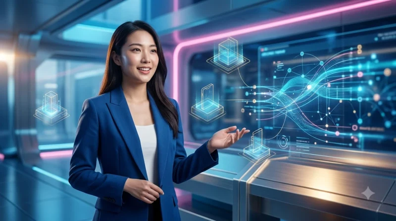 Minh họa quy trình đồng bộ thiết bị với biểu đồ hologram kết nối các bước