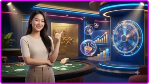 Minh họa slot game F8BET với vòng quay phát sáng và đồng xu vàng thể hiện cơ hội nhận thưởng lớn