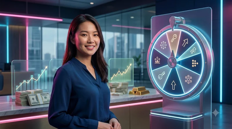 Minh họa vòng quay miễn phí trên nền tối cao cấp với các biểu tượng phần thưởng hologram xoay quanh