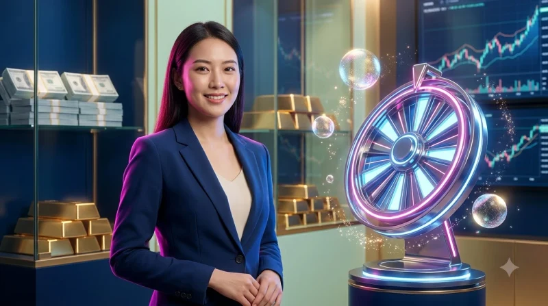 Minh họa vòng quay vàng rực rỡ với hiệu ứng ăn mừng minh họa cơ hội nhận thưởng hấp dẫn