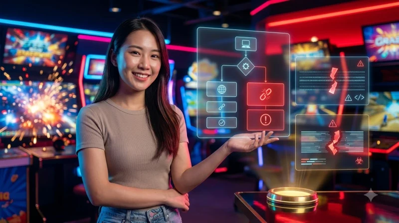 Người chơi kiểm tra các dấu hiệu lỗi game arcade qua màn hình chẩn đoán với biểu tượng kết nối và cài đặt