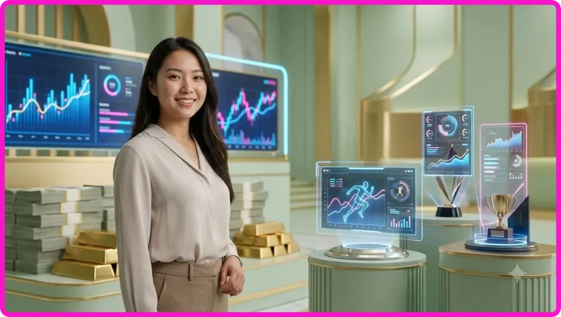 Sân bóng rổ chuyên nghiệppp với ánh đèn neon và biểu đồ phân tích dữ liệu