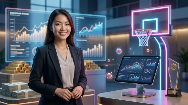 Thiết bị kỹ thuật số hiển thị biểu đồ phân tích bóng rổ và quả bóng rổ bên cạnh