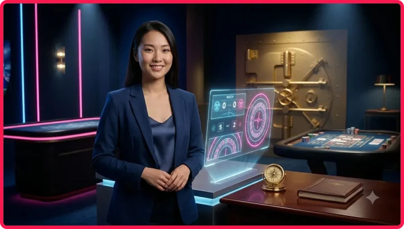 Tổng quan bàn cược roulette cao cấp với bánh xe vàng và chip xếp chồng trên nền casino sang trọng