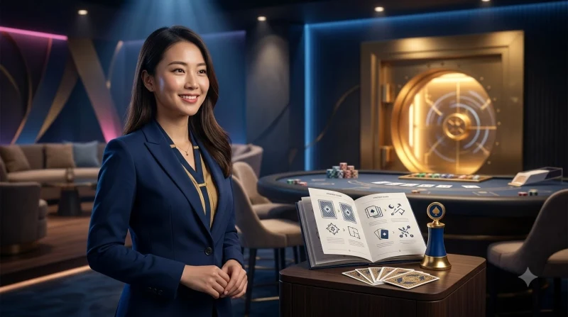 Tổng quan luật baccarat F8BET với bàn chơi casino sang trọng, bài và chip vàng